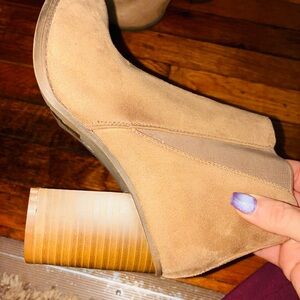 Charlie Paige Tan Suede Chelsea Ankle Boot with Stacked Heel